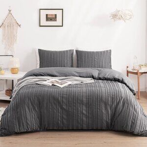 Boho Duvet Cover Striped Textured Duvet Cover Set Tufted Bedding Set  Gray